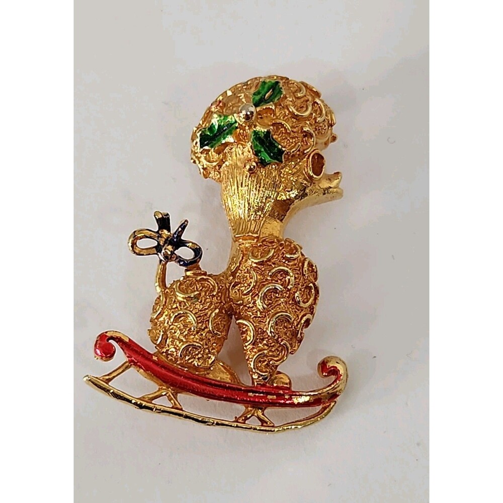 Vintage Christmas Gold Tone Poodle Dog On Sleigh Signed COREL
